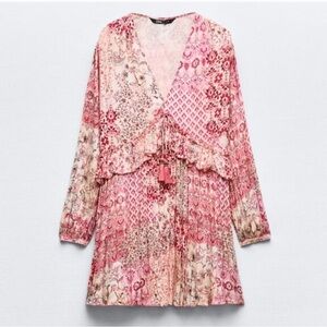 ZARA Patchwork Pattern Mini One Piece - Floral Pink Women's Dress - Size Medium